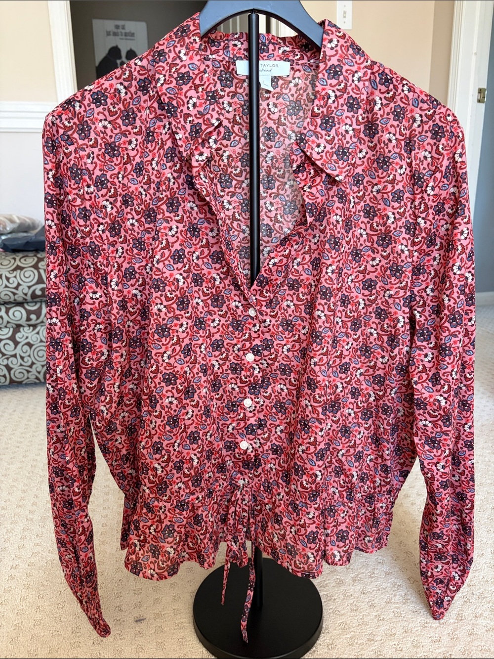 Ann Taylor Pink Floral Button-Front Drawstring waist Blouse